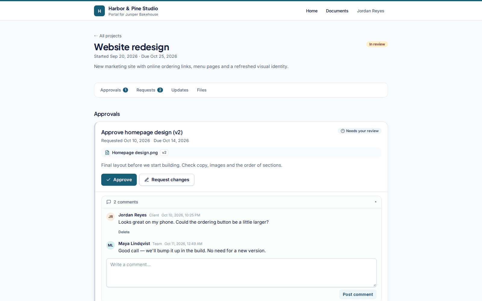 An approval card in the client portal with Approve and Request changes buttons