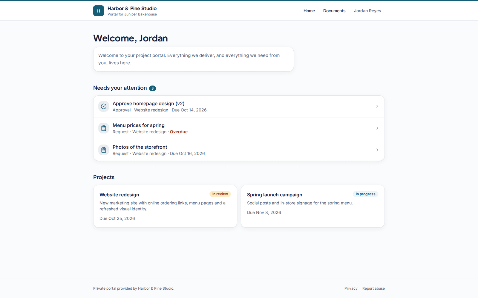 A client portal showing a project with recent files, an open approval and two pending requests