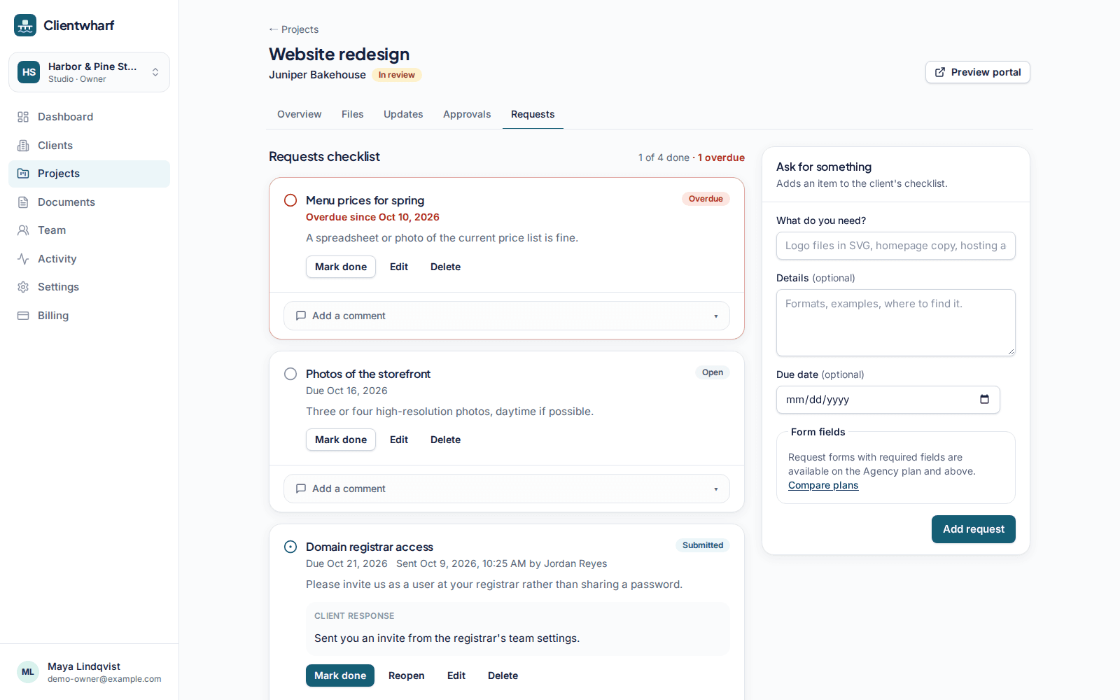 A requests checklist with open, submitted and done items